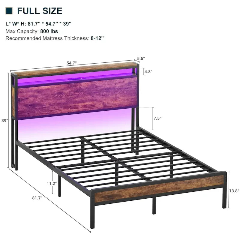 Rustic Metal Platform Bed Frame with Storage Headboard and LED Lighting