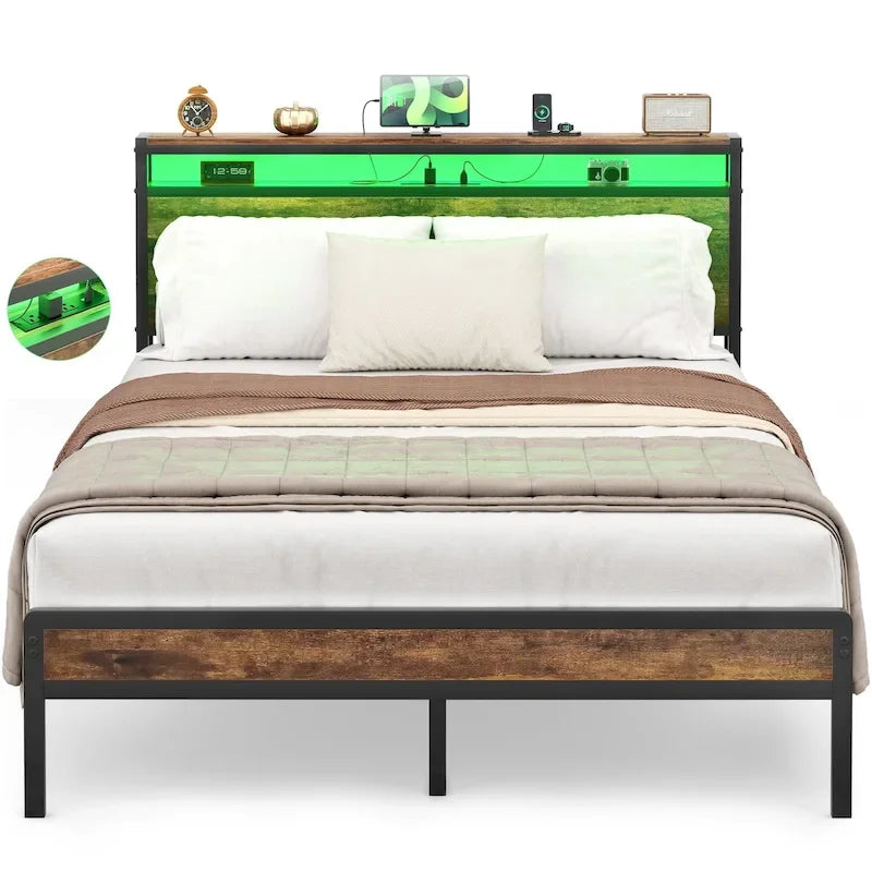 Rustic Metal Platform Bed Frame with Storage Headboard and LED Lighting