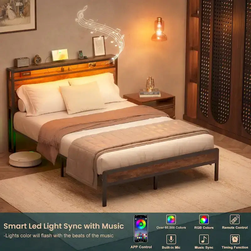 Rustic Metal Platform Bed Frame with Storage Headboard and LED Lighting