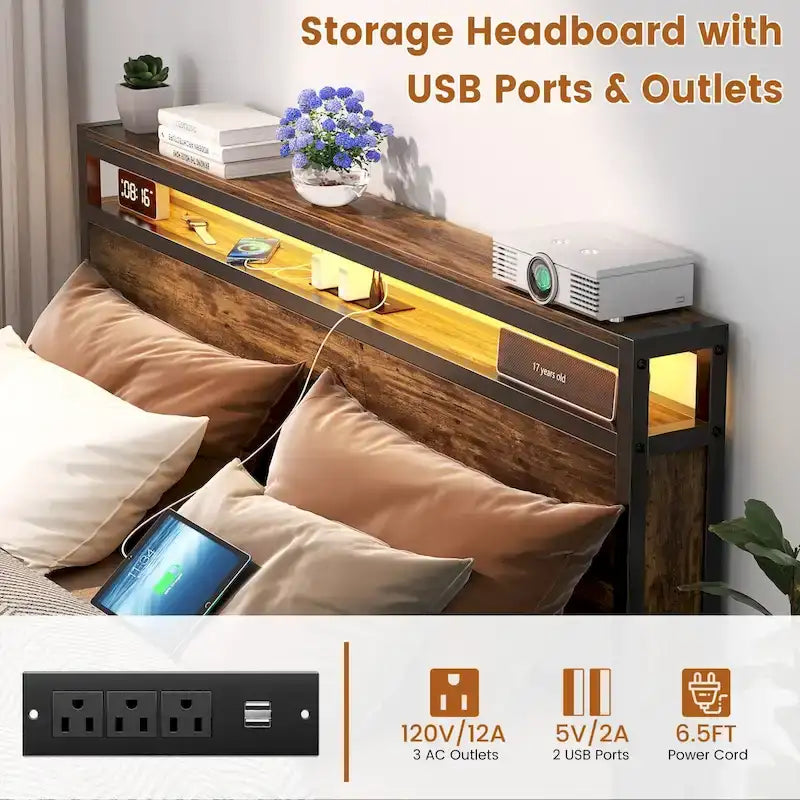 Rustic Metal Platform Bed Frame with Storage Headboard and LED Lighting