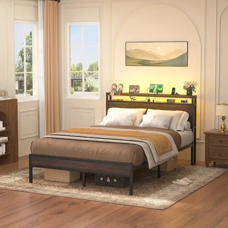 Rustic Metal Platform Bed Frame with Storage Headboard and LED Lighting