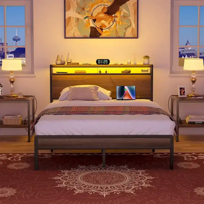 Rustic Metal Platform Bed Frame with Storage Headboard and LED Lighting