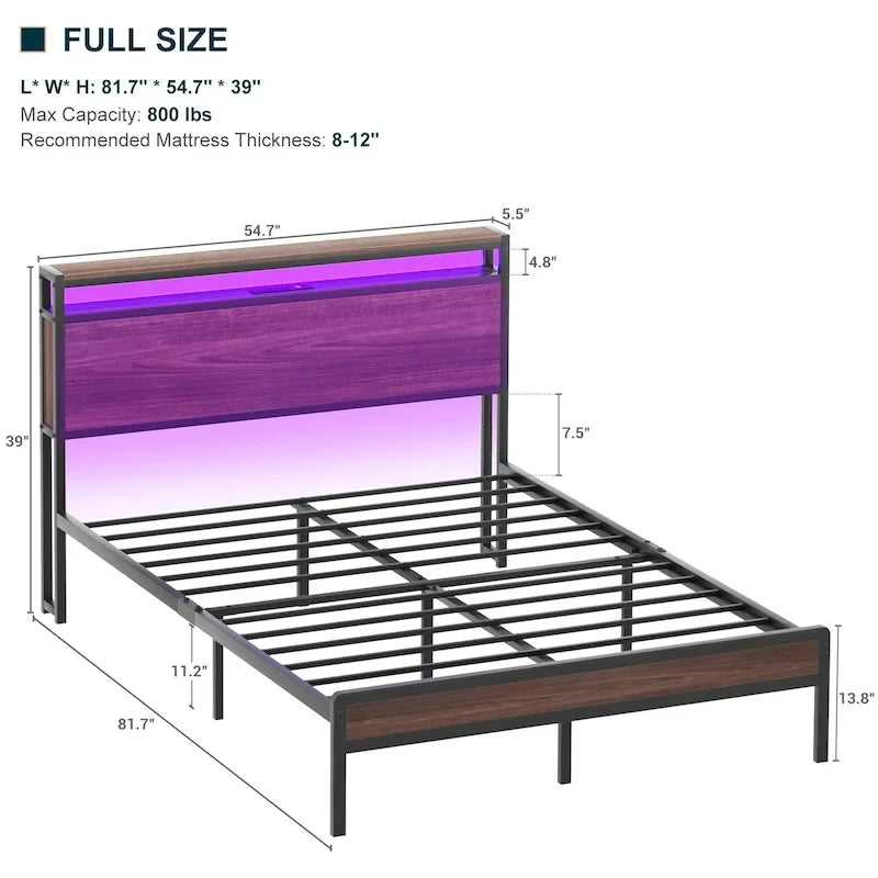 Rustic Metal Platform Bed Frame with Storage Headboard and LED Lighting