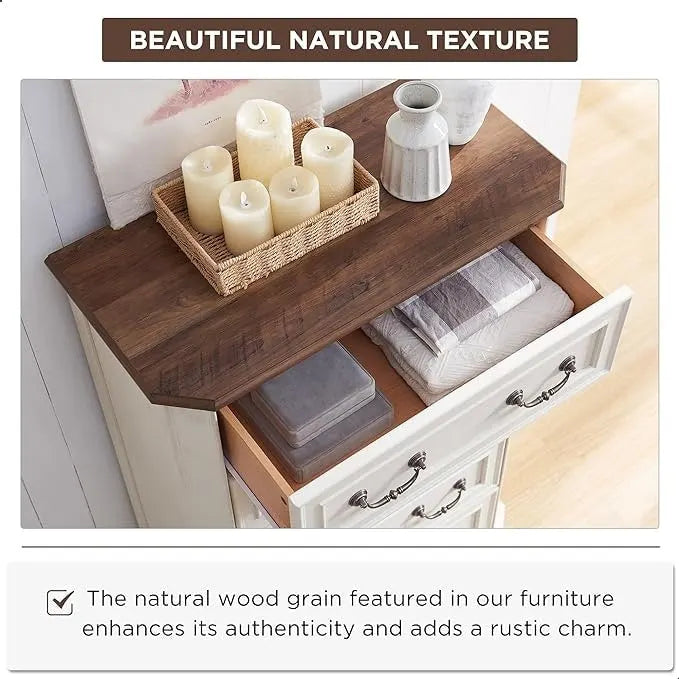 Rustic Farmhouse Five Drawer Dresser with Vintage Handles and Storage