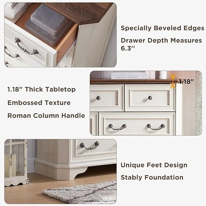Rustic Farmhouse Five Drawer Dresser with Vintage Handles and Storage