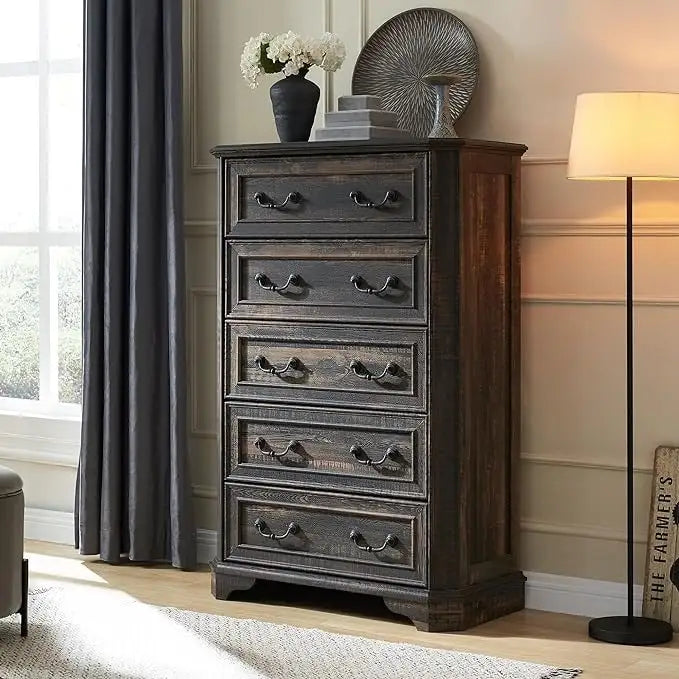 Rustic Farmhouse Five Drawer Dresser with Vintage Handles and Storage