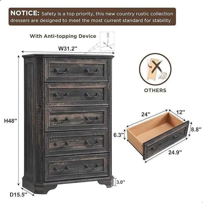 Rustic Farmhouse Five Drawer Dresser with Vintage Handles and Storage