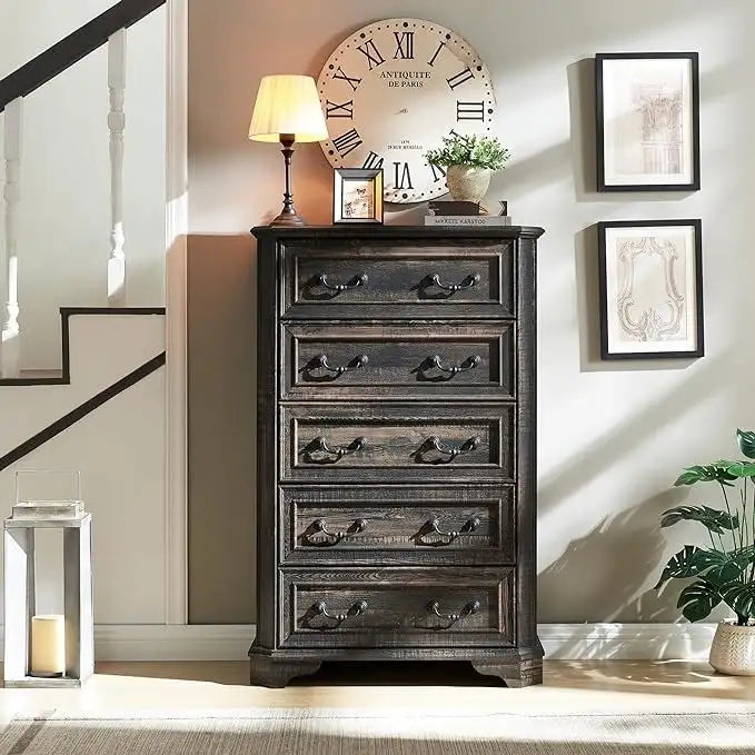 Rustic Farmhouse Five Drawer Dresser with Vintage Handles and Storage