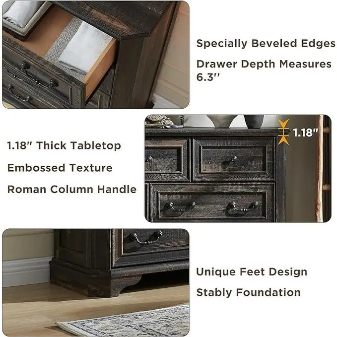 Rustic Farmhouse Five Drawer Dresser with Vintage Handles and Storage