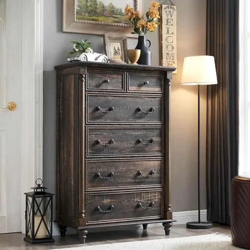 Rustic Farmhouse Six Drawer Tall Dresser with Vintage Metal Pulls