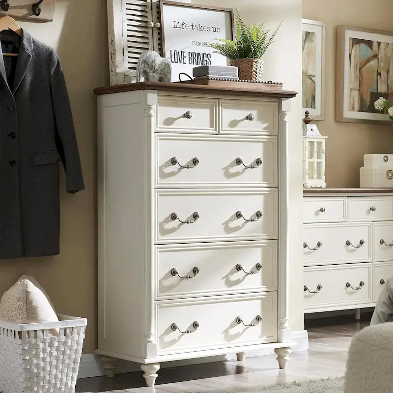 Rustic Farmhouse Six Drawer Tall Dresser with Vintage Metal Pulls