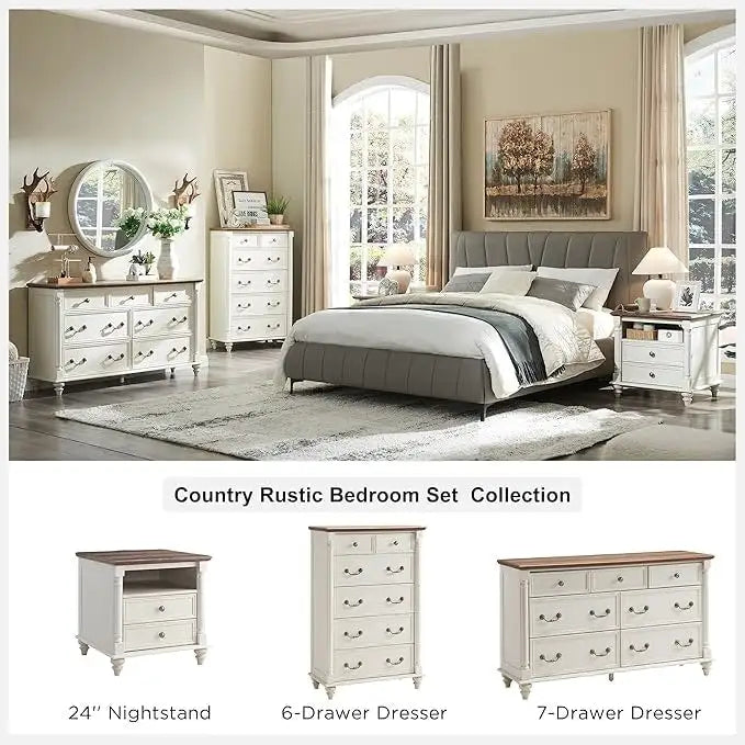 Rustic Farmhouse Six Drawer Tall Dresser with Vintage Metal Pulls