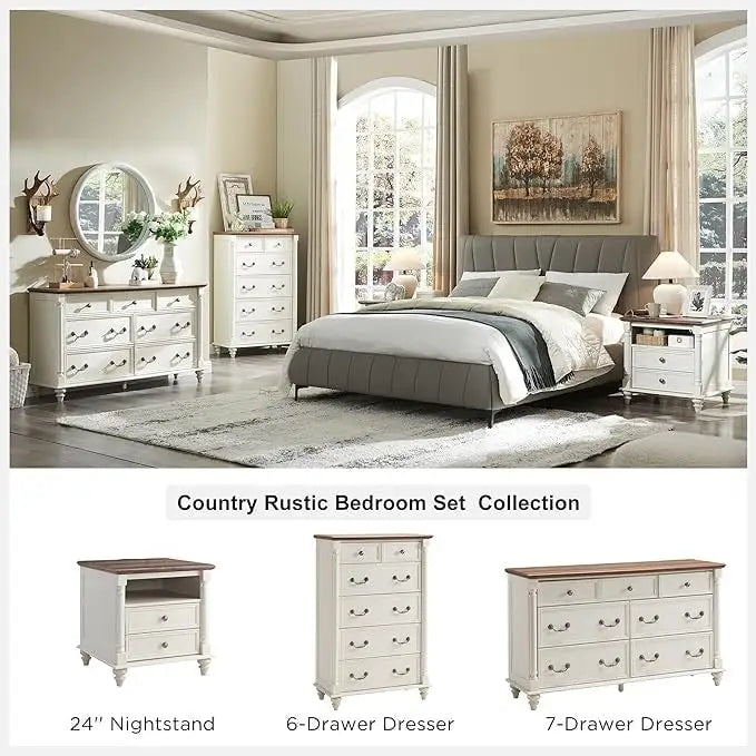 Rustic Farmhouse Six Drawer Tall Dresser with Vintage Metal Pulls