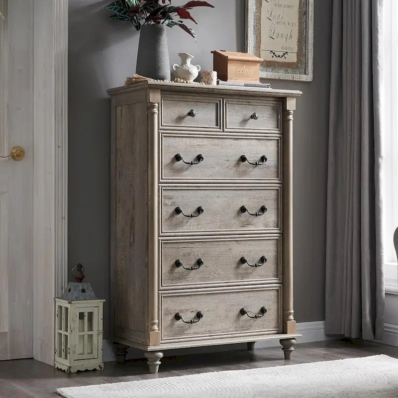 Rustic Farmhouse Six Drawer Tall Dresser with Vintage Metal Pulls
