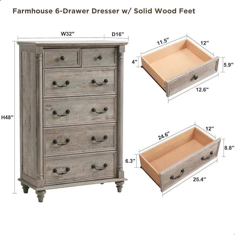 Rustic Farmhouse Six Drawer Tall Dresser with Vintage Metal Pulls