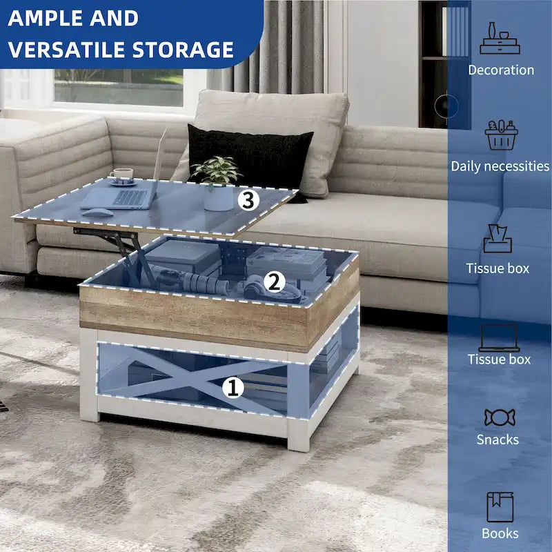 Rustic Square Coffee Table with Storage Shelf and Crossed Frame