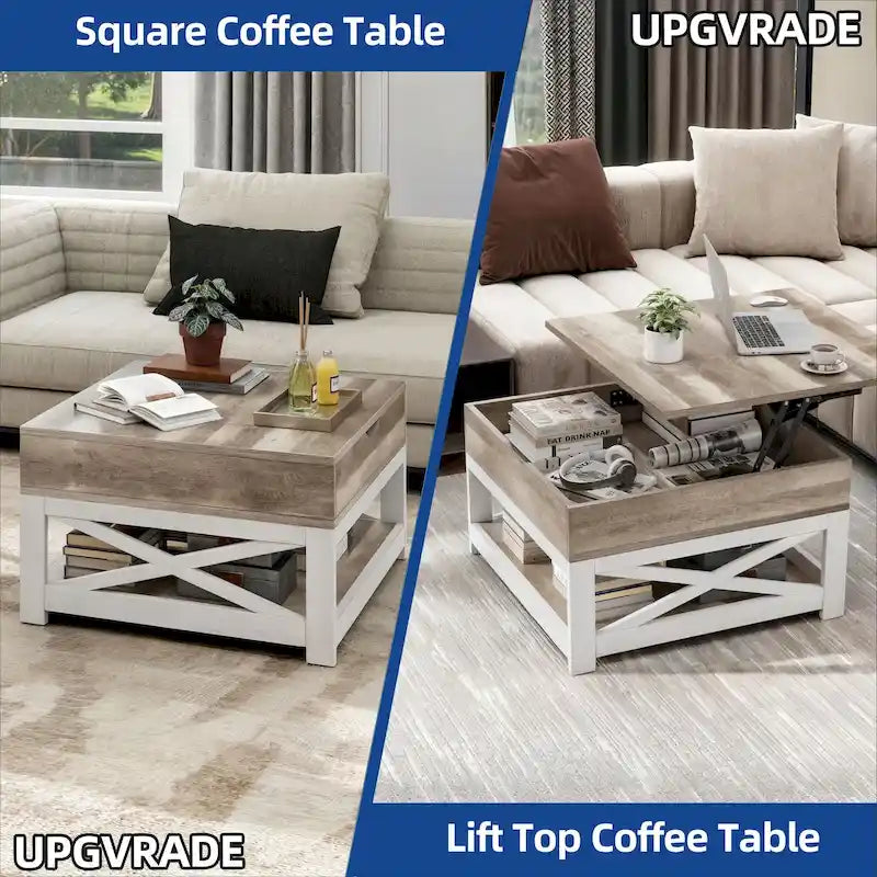 Rustic Square Coffee Table with Storage Shelf and Crossed Frame