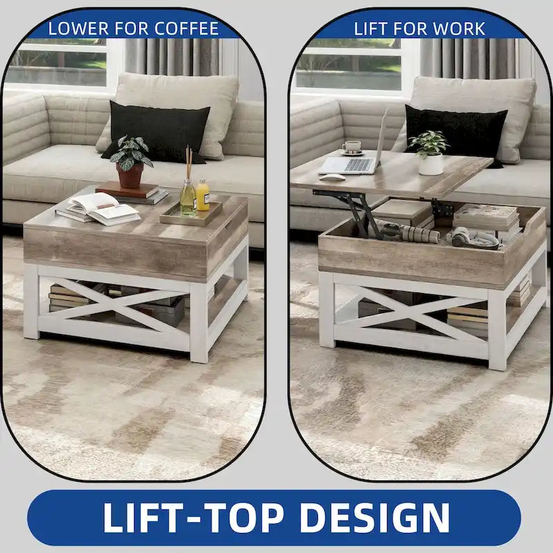 Rustic Square Coffee Table with Storage Shelf and Crossed Frame