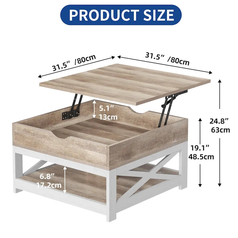 Rustic Square Coffee Table with Storage Shelf and Crossed Frame