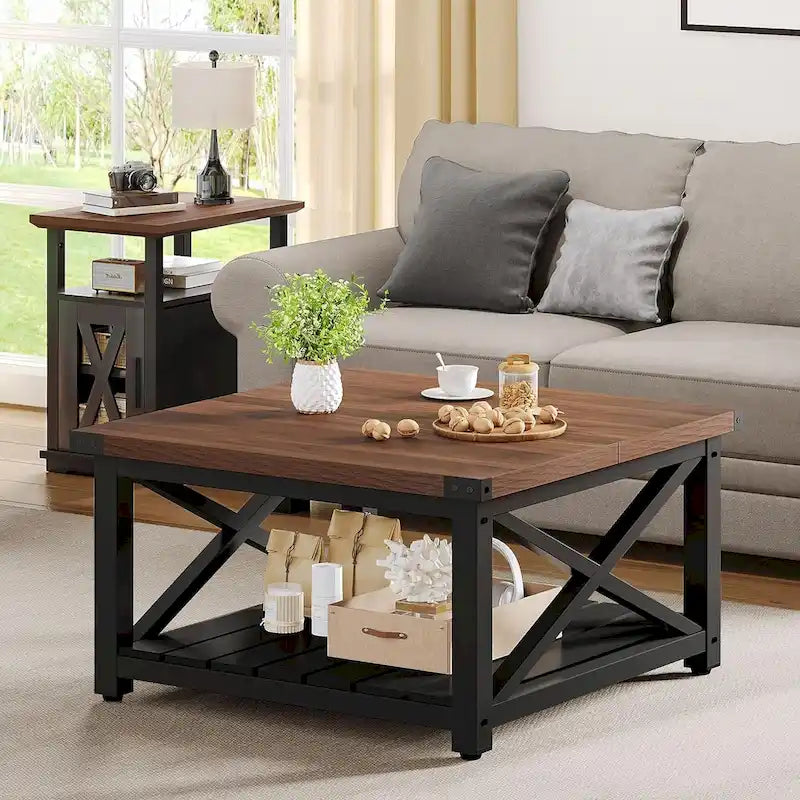 Rustic Square Coffee Table with Storage Shelf and Crossed Frame