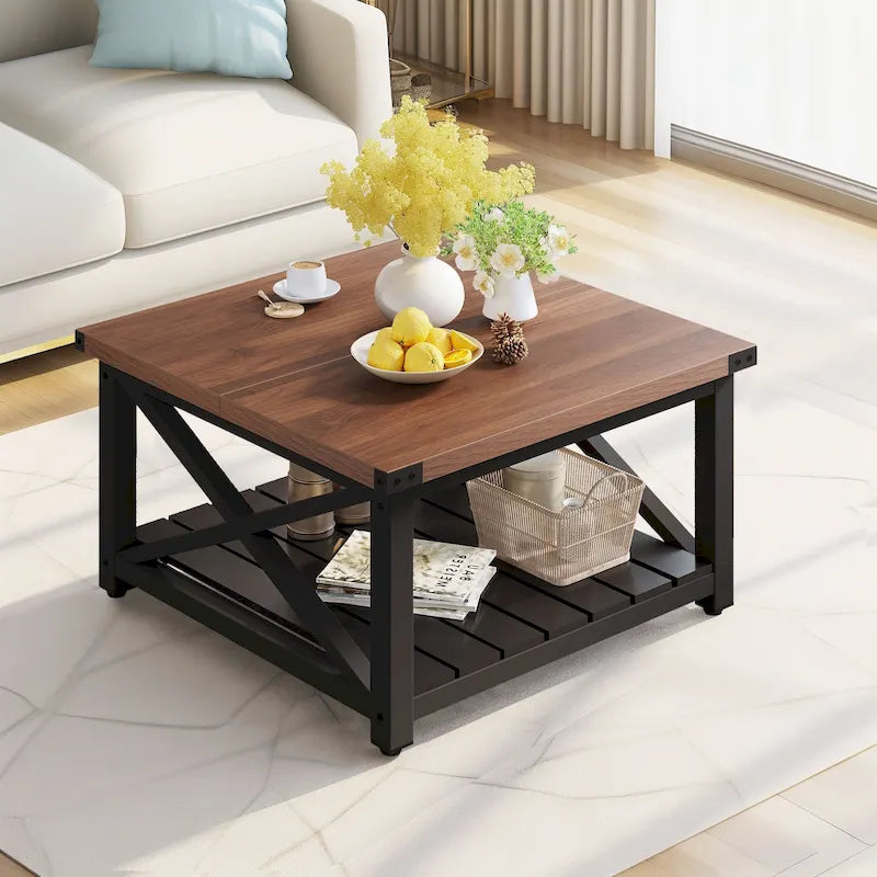 Rustic Square Coffee Table with Storage Shelf and Crossed Frame