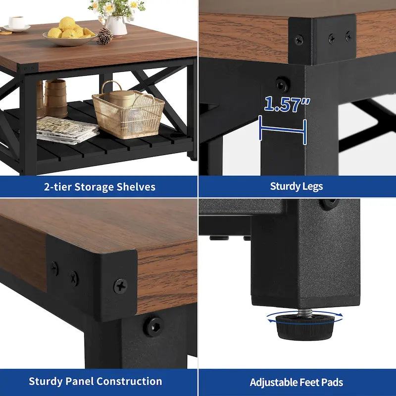 Rustic Square Coffee Table with Storage Shelf and Crossed Frame
