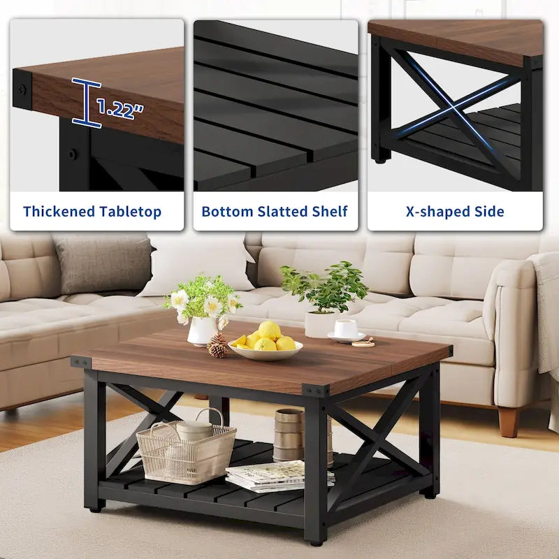 Rustic Square Coffee Table with Storage Shelf and Crossed Frame