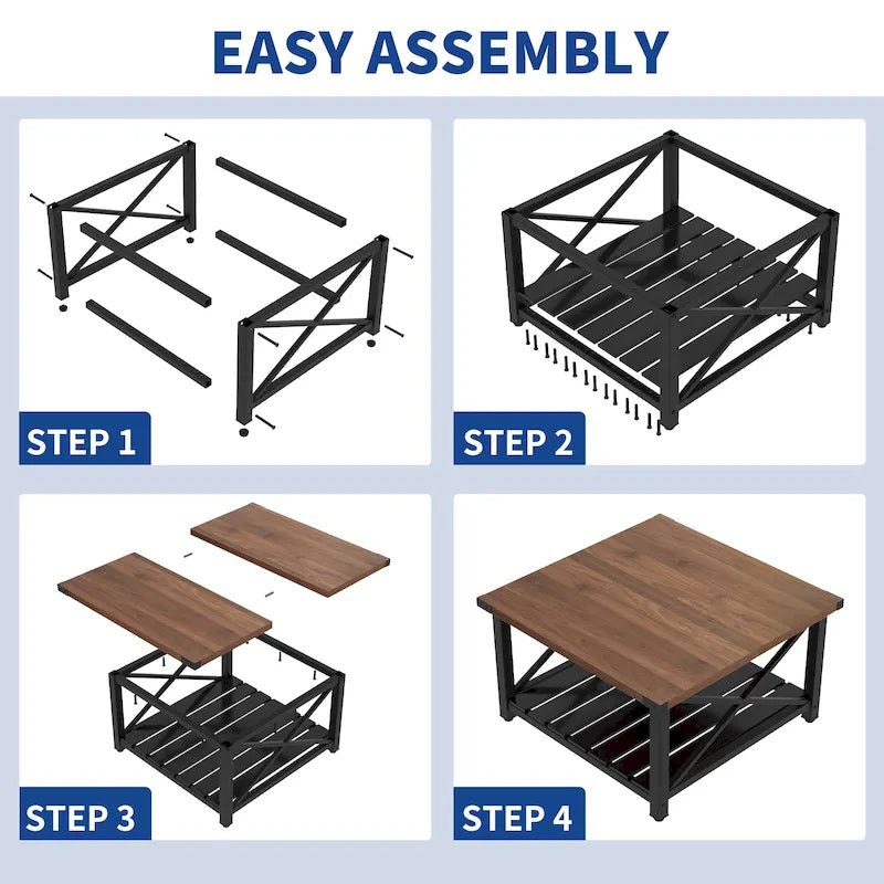 Rustic Square Coffee Table with Storage Shelf and Crossed Frame