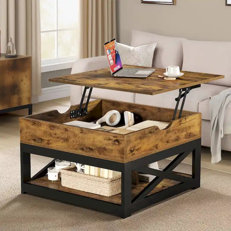 Rustic Square Coffee Table with Storage Shelf and Crossed Frame