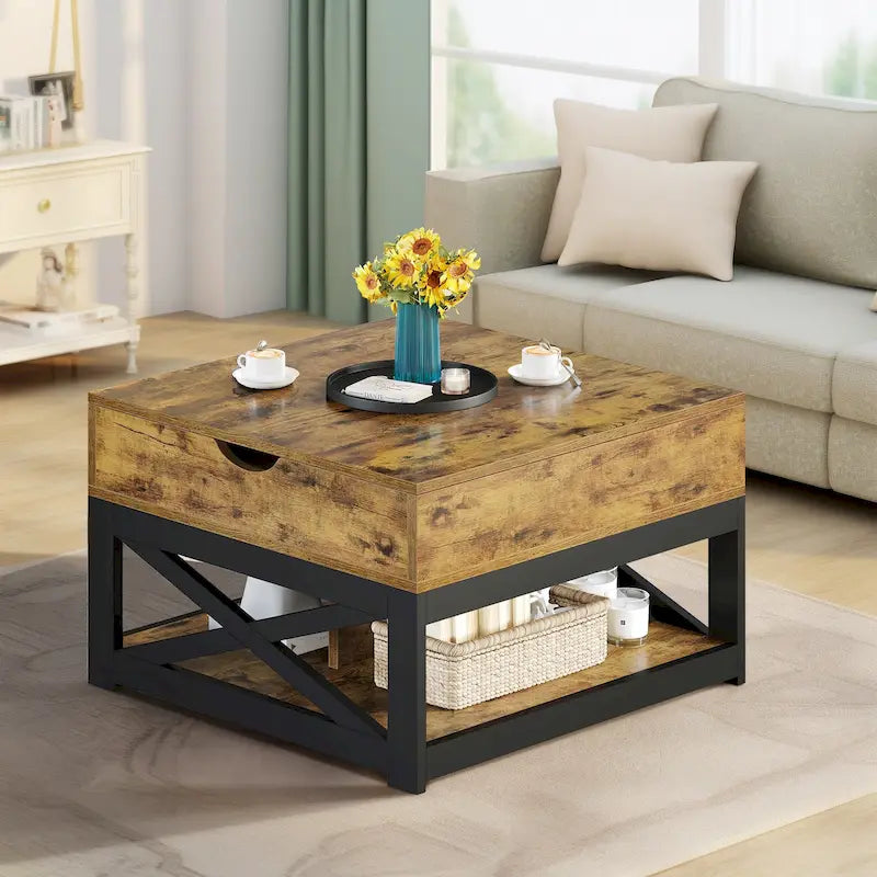 Rustic Square Coffee Table with Storage Shelf and Crossed Frame