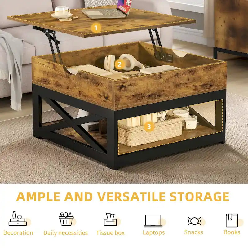 Rustic Square Coffee Table with Storage Shelf and Crossed Frame