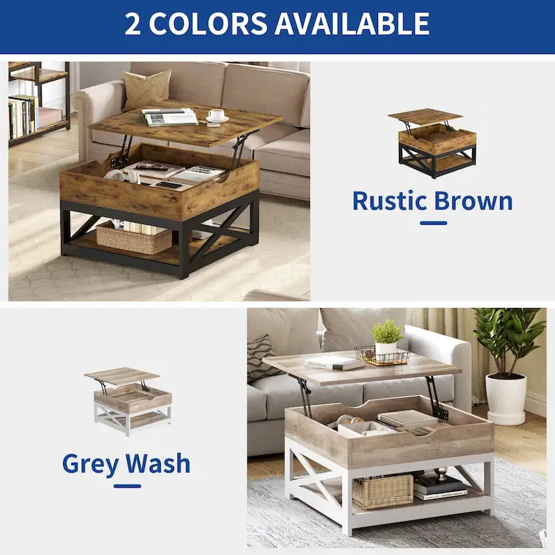 Rustic Square Coffee Table with Storage Shelf and Crossed Frame