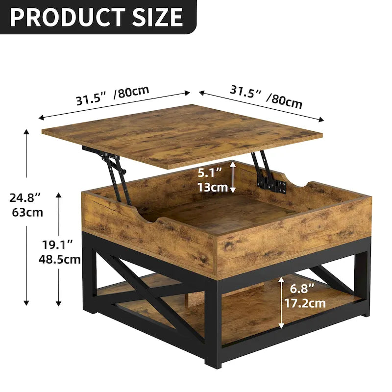 Rustic Square Coffee Table with Storage Shelf and Crossed Frame