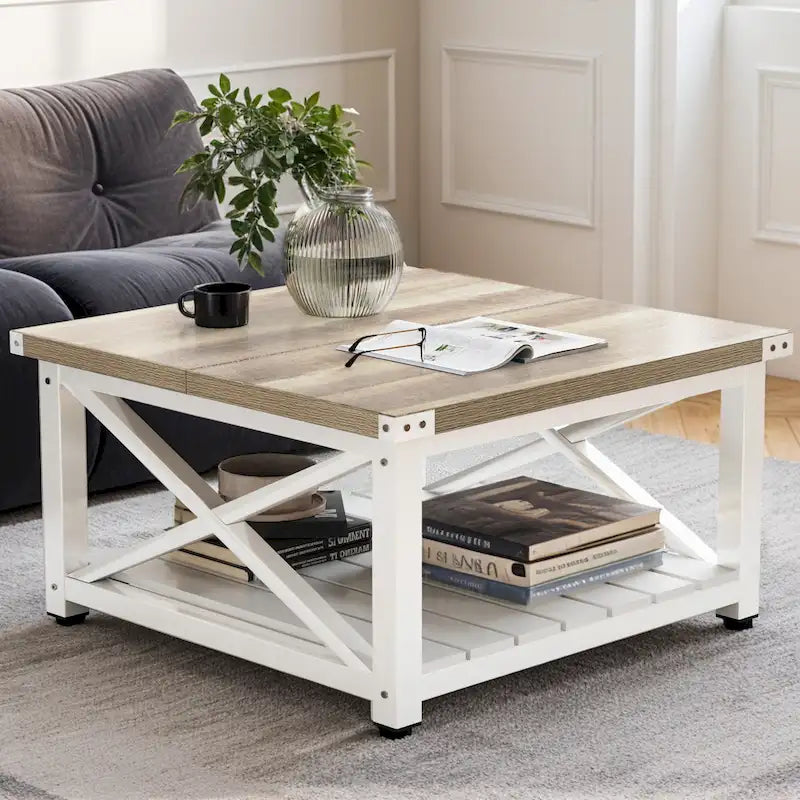 Rustic Square Coffee Table with Storage Shelf and Crossed Frame