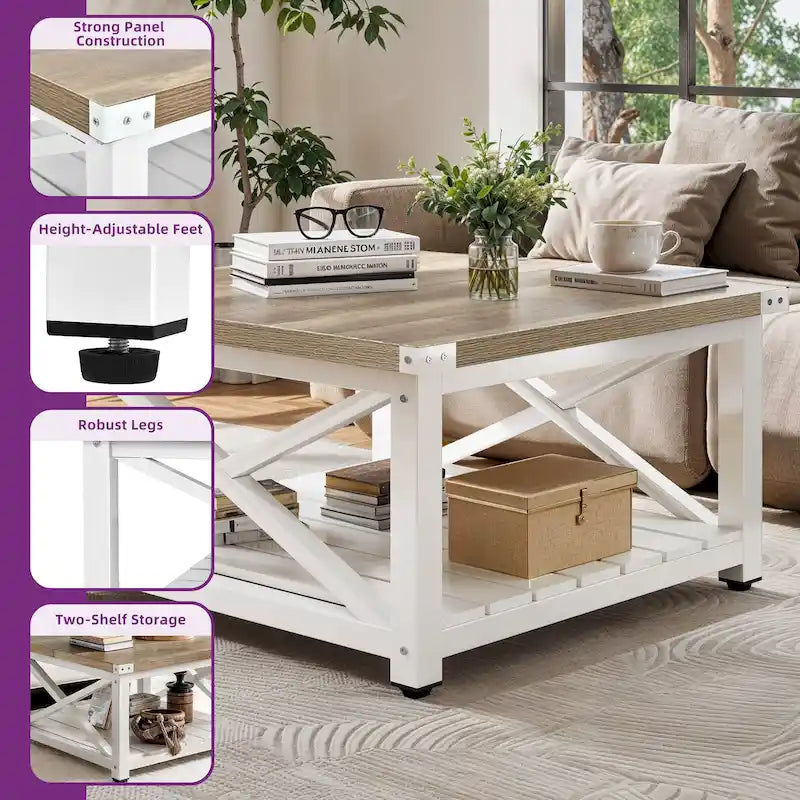 Rustic Square Coffee Table with Storage Shelf and Crossed Frame