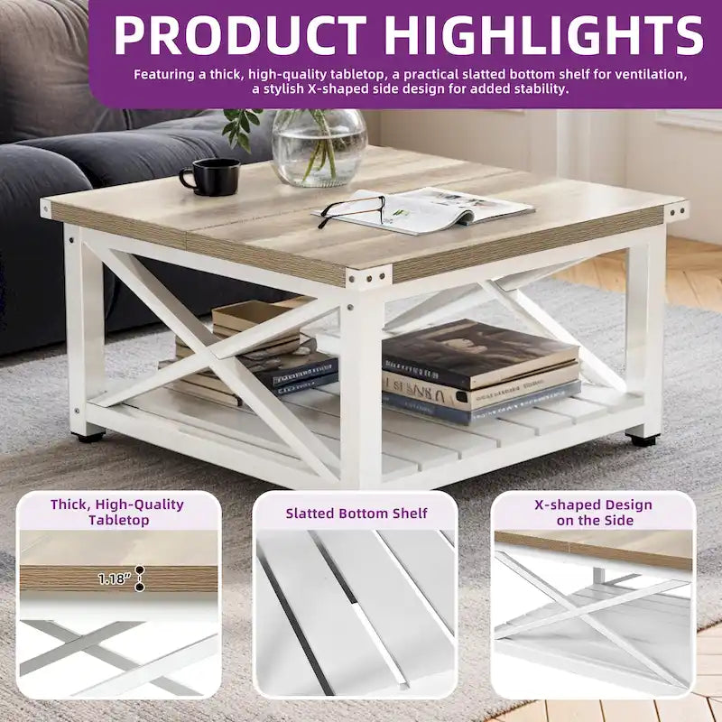 Rustic Square Coffee Table with Storage Shelf and Crossed Frame
