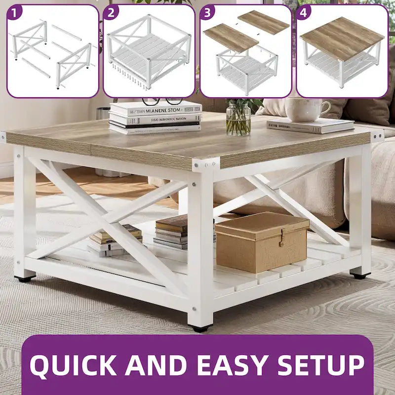 Rustic Square Coffee Table with Storage Shelf and Crossed Frame