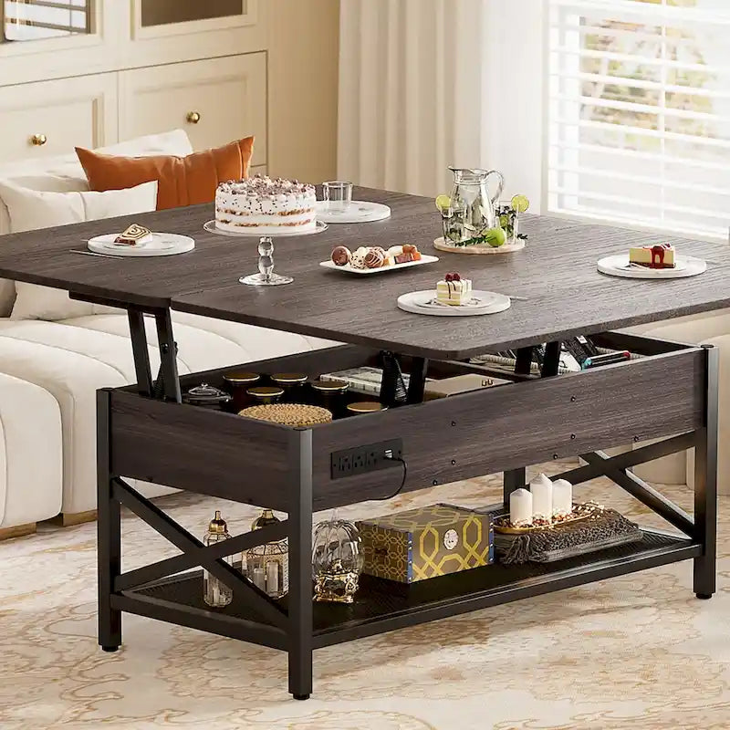 Industrial Lift-Top Coffee Table with Storage, LED Lighting and USB