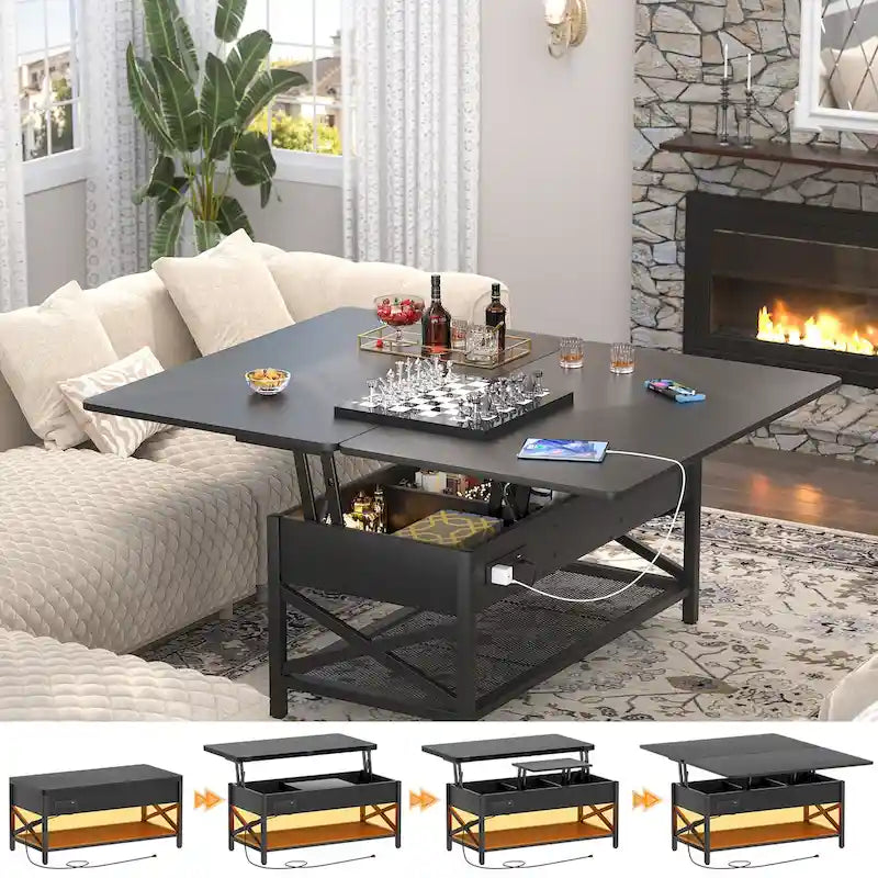 Industrial Lift-Top Coffee Table with Storage, LED Lighting and USB