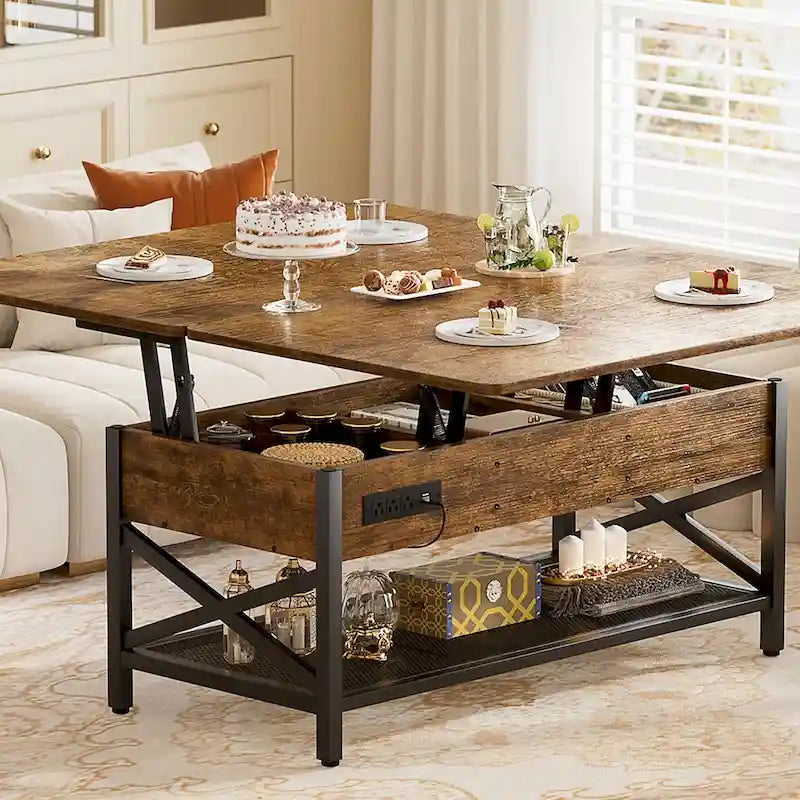 Industrial Lift-Top Coffee Table with Storage, LED Lighting and USB
