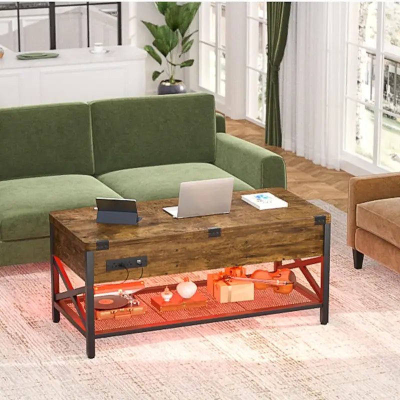 Industrial Lift-Top Coffee Table with Storage, LED Lighting and USB