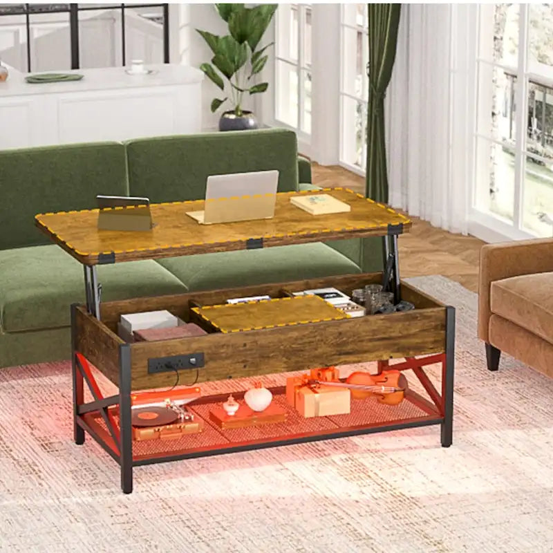 Industrial Lift-Top Coffee Table with Storage, LED Lighting and USB