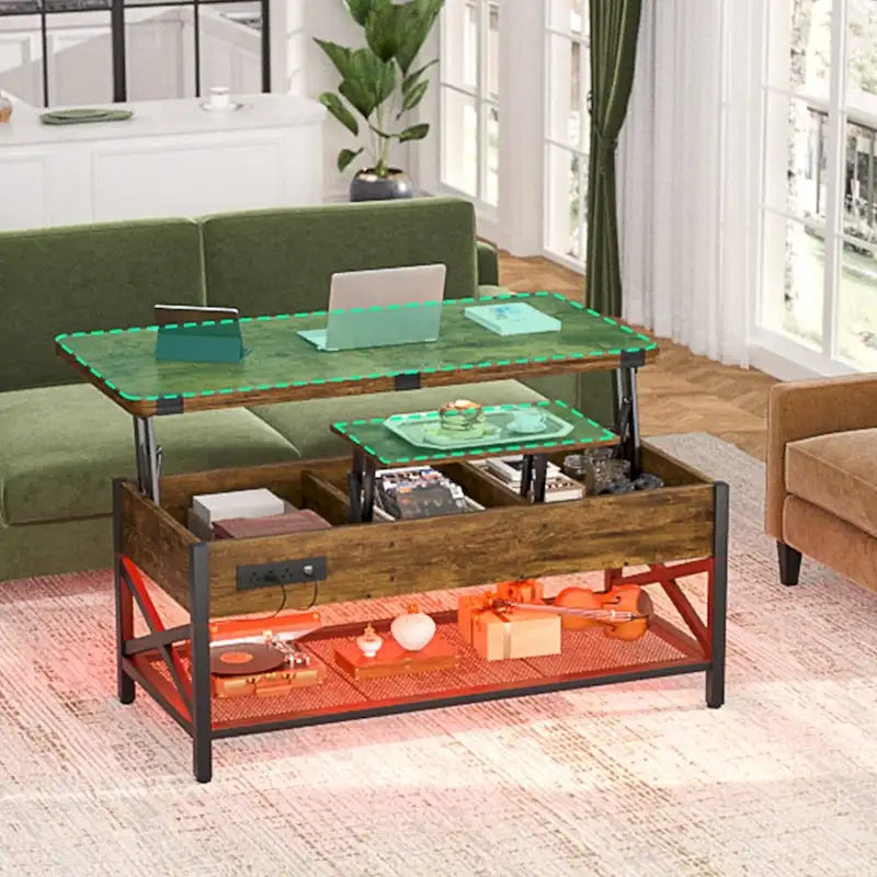 Industrial Lift-Top Coffee Table with Storage, LED Lighting and USB