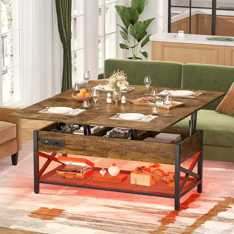 Industrial Lift-Top Coffee Table with Storage, LED Lighting and USB