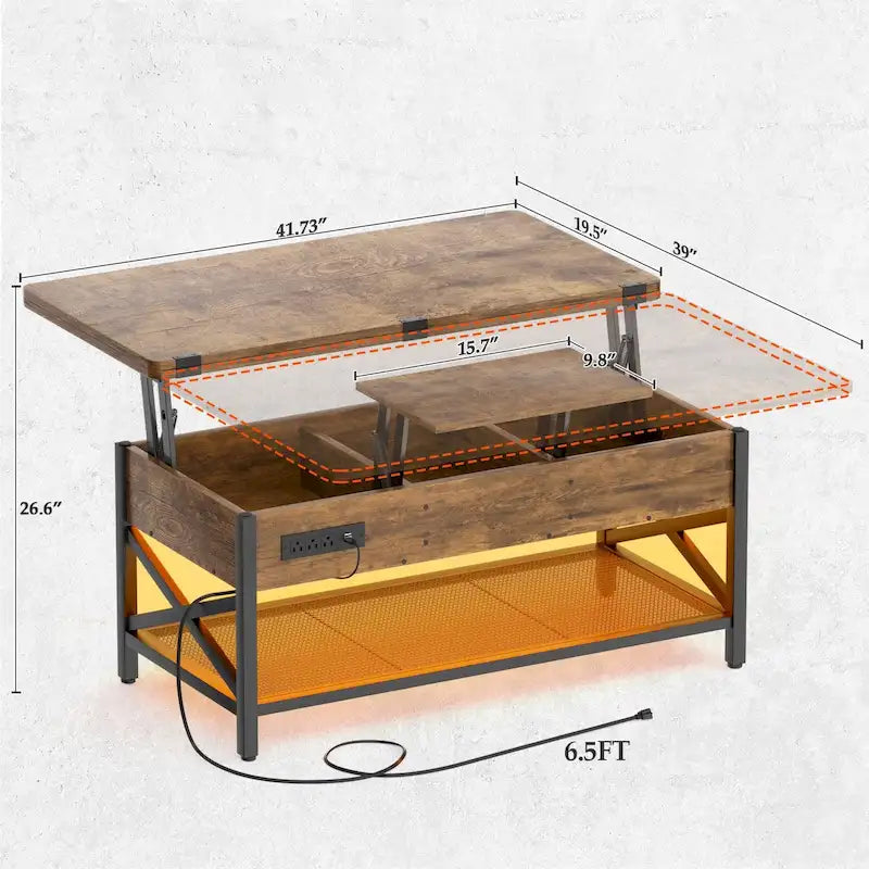 Industrial Lift-Top Coffee Table with Storage, LED Lighting and USB