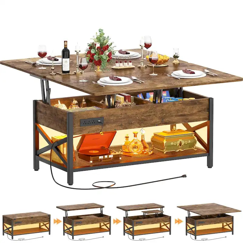 Industrial Lift-Top Coffee Table with Storage, LED Lighting and USB