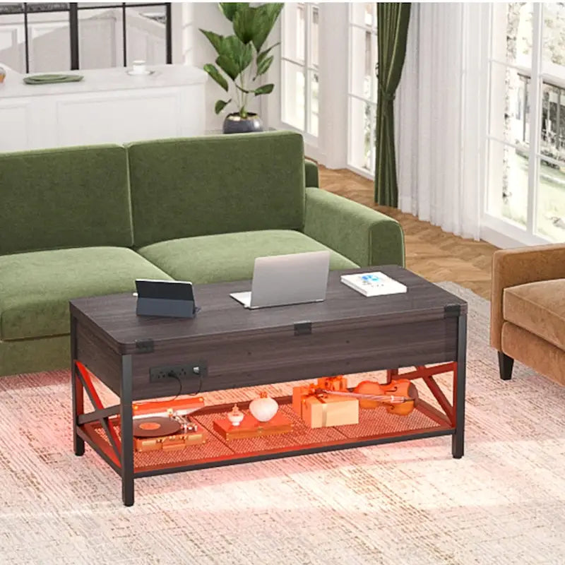 Industrial Lift-Top Coffee Table with Storage, LED Lighting and USB