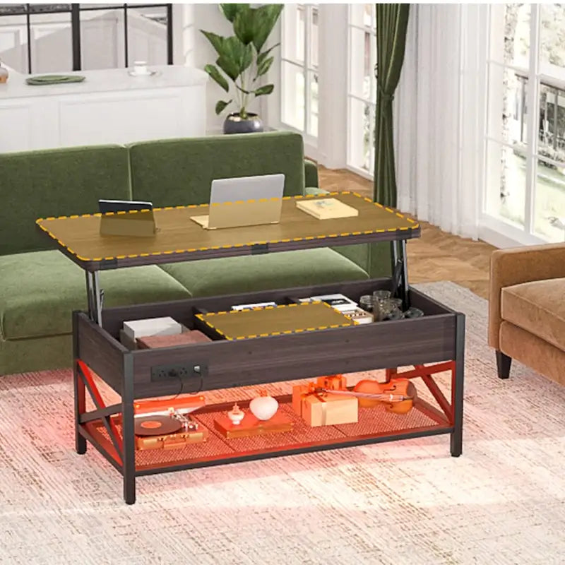 Industrial Lift-Top Coffee Table with Storage, LED Lighting and USB