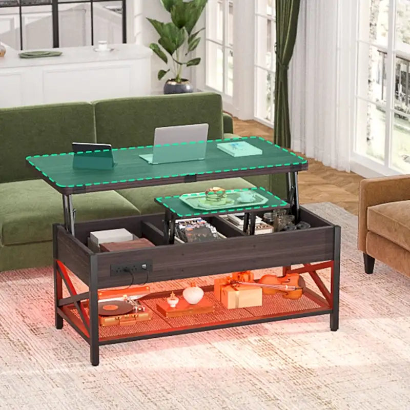 Industrial Lift-Top Coffee Table with Storage, LED Lighting and USB