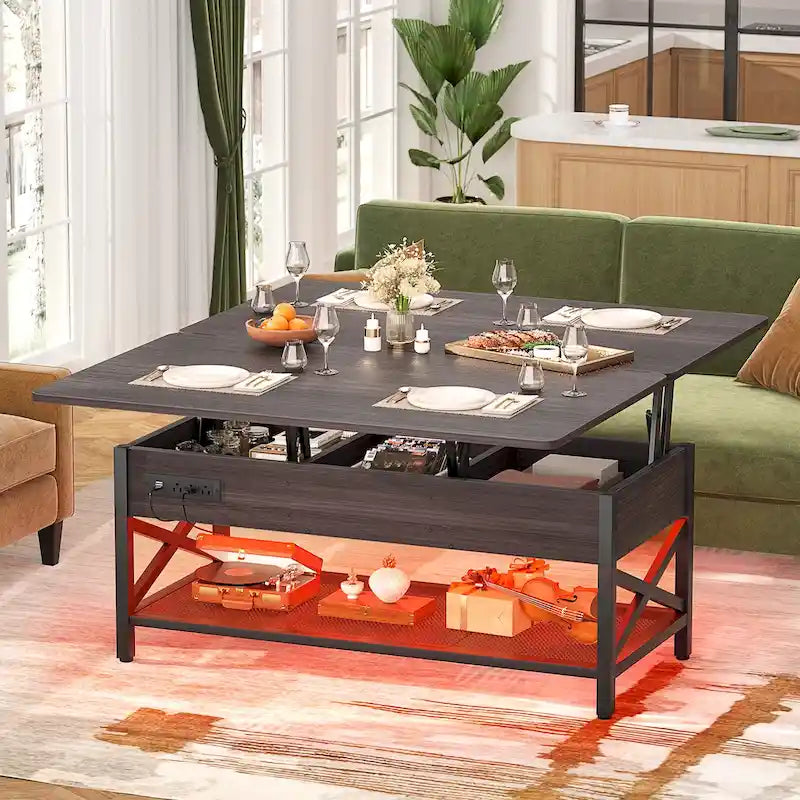 Industrial Lift-Top Coffee Table with Storage, LED Lighting and USB